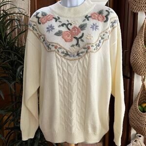 Alfred Dunner Vintage Cable Knit Floral Embroidered Sweater | XL | Cottagecore